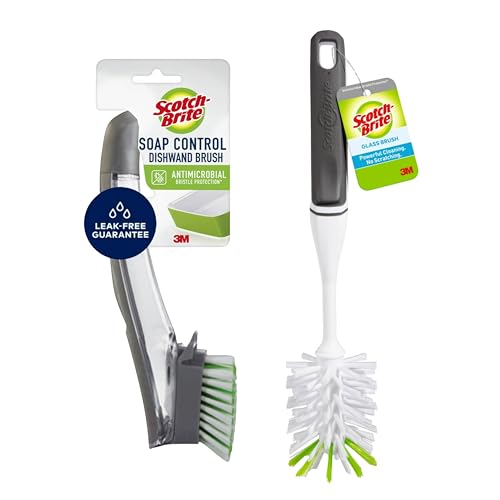 Scotch-Brite Kitchen Brush Kit - Glass and Water Bottle Brush & Advanced Soap Control Dishwand Brush - Scrub Brushes for Cleaning Kitchen and Washing Dishes