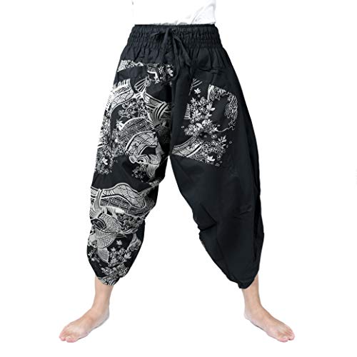 Kurop Saruel Pants Carp Pattern Japanese Pattern Wide Pants Thai Pants Aladdin Pants Dancewear Yoga Gaucho Men's Women's (Carp B)