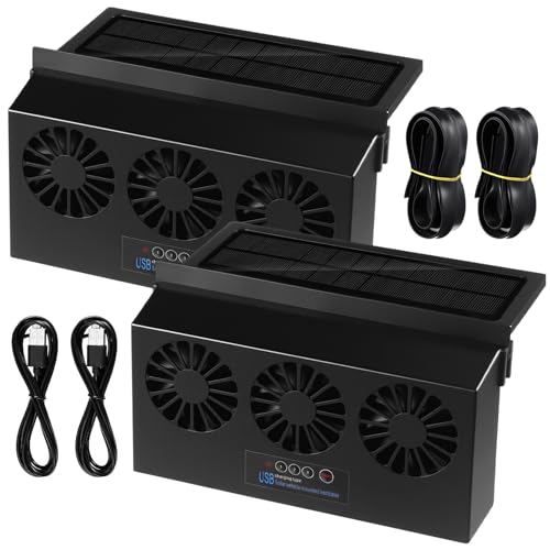 Tujoe 2 Pack Solar Powered Car Exhaust Fan 3 Fans Car Window 4500 RPM Air Vent Radiator Solar Energy Cooling Vent Exhaust for General Types(Rechargeable & Solar 3 Fans,Black)