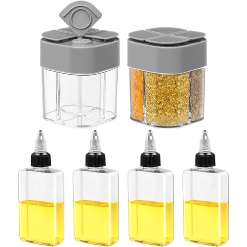 Gerrii 4 Pcs Small Oil Dispenser Bottle for Camping and 2 Pcs 4 in 1 Spice Container Cap 3.4oz Leakproof Squeeze Condiment Bottle with Cap Salt Pepper Shaker Set for Camping BBQ Restaurant(Gray)