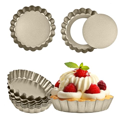 RICHSC-PAN Mini Tart Pan 12PCS, 4 Inch Tart Pan Removable Bottom Non-Stick Tin, 0.9 Inches High Suitable for DIY Making Small Tarts at Home. Champagne Gold Appearance.