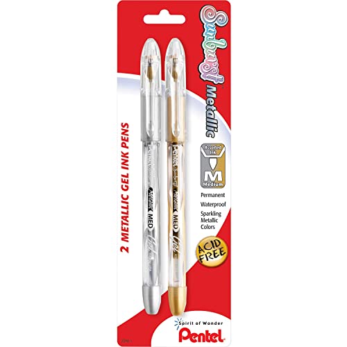 Pentel Sunburst Metallic Gel Pen, Medium Line, Permanent Gold and Silver Ink, 2 Pack (K908MBP2XZ)