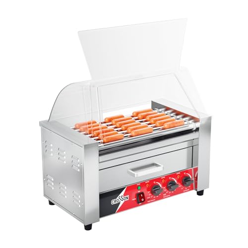 CROSSON Hot Dog 7 Roller with Bun Warmer&Transparent Sneeze Guard,Commercial 7 Nonstick 304 Roller Grill Cooker Machine