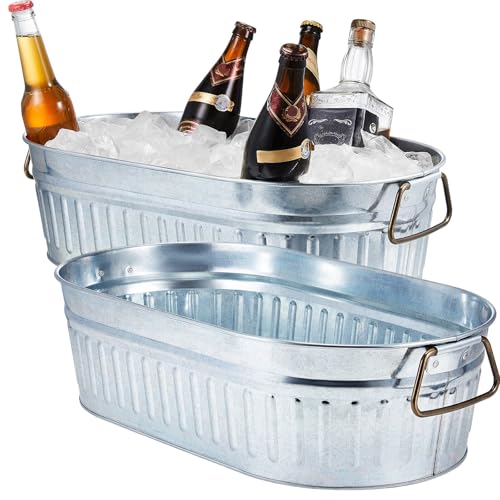 Lallisa 5.3 gallons Galvanized Beverage Tub Galvanized Bucket Metal Ice and Drink Bucket with Handles Tub for Parties Farmhouse Home Pool Bar(Silver,2 Pcs)