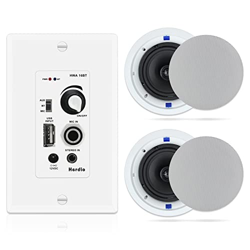 Herdio 6.5 Inch Bluetooth Ceiling Speakers 320W 2-Way Flush Mount in Wall Amplifier Receiver Suitable for Home Theater Bathroom Living Room Kitchen Office (White, Pair)