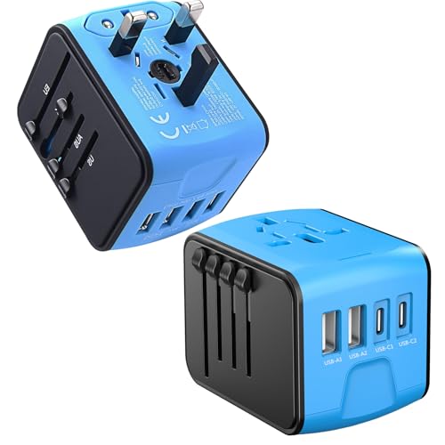 JMFONE Universal Travel Plug Adapter, International Power Adapter with 2 USB-C & 2 USB-A Ports and Multi AC Sockets, 5-in-1 Worldwide Travel Outlet Charger Adapter for EU US UK AU 200+ Multi Countries