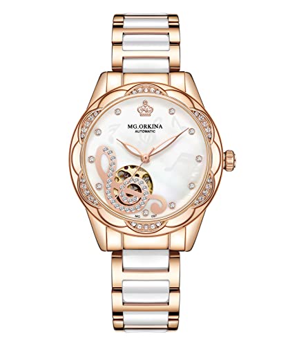 Sweetbless New Women Mechanical Wristwatches Musical Note Hollow Crystal Petal Shape Automatic Analog Watch (Rose-Gold)