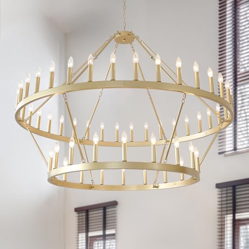 HHR 60" Gold Wagon Wheel Chandelier 2-Tier, Extra Large Farmhouse Chandelier for High Ceilings 54-Light, Round Gold Chandeliers Light Fixture for Foyer, Entryway, Dining Room, E12