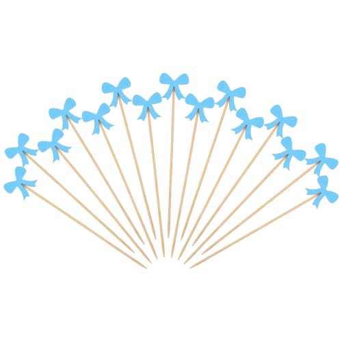Tioncy 100 Pcs Bow Cocktail Picks Swizzle Stick Toothpicks 4.72 Inch Long Bamboo Fancy Toothpicks for Appetizers Drinks Birthday Bridal Wedding Baby Shower Bow Party Decoration (Blue)