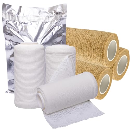 4" Unna Boot Bandage Gauze Dressing with Zinc Oxide [4” x 10 Yards] Provides Customized Compression + Self Adhesive Cover Wrap (3 of Each) Individually Packaged + Vakly 1st Aid Kit Guide