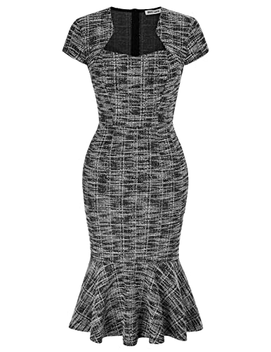 Womens Vintage Cap Sleeve Tweed Fishtail Pencil Dress Formal Casual Dresses Black