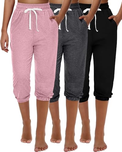 Ficerd 3 Pcs Women's Capri Sweatpants Joggers Casual Sports Cropped Lounge Pants High Waisted Athletic with Pockets (Black, Pink, Dark Grey,XLarge)