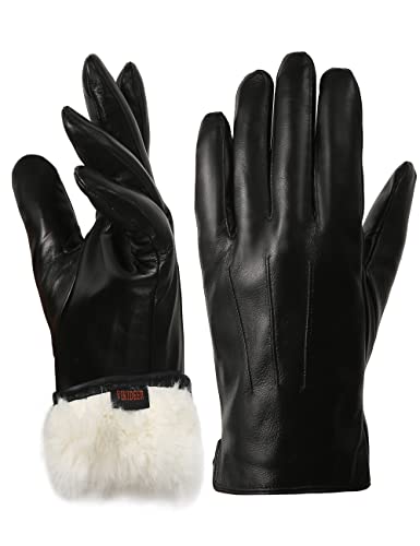 OCXMME Very Warm Mens Rabbit Fur Leather Gloves for Men Touchscreen Texting Driving Gloves Black Large