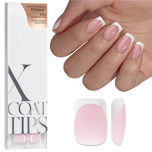 BTArtboxnails XCOATTIPS French Tip Nails - Short Press On Nails, 160 Pcs Pink Square Soft Gel Nail Tips Pre-applied Tip Primer & Base Coat, No Need File False Nails for Gift, 16 Sizes