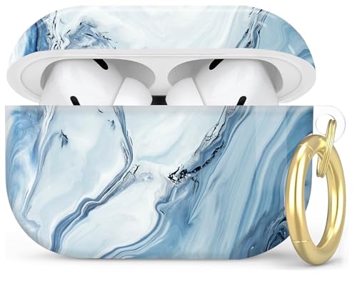 Compatible with AirPod Pro 2nd/1st Generation Case Cover with Key Chain,Full Protective Shockproof Wireless Headphone Case for Airpod Pro 2023/2022/2019(Blue White Marble)