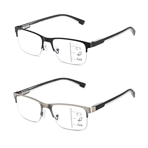 Multifocus Reading Glasses Men Progressive Multifocal Blue Light Computer Reader Half Frame Metal Extra Wide Eyeglasses No Line Bifocals Large Designer Cheaters Transition Square Eyewear 2packs 1.25