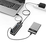 USB 3.0 Hub, RSHTECH 7 Port Powered USB Hub Expander Aluminum USB 3.0 Data Port hub with Universal 5V AC Adapter and Individual On/Off Switches USB Splitter for Laptop and PC(Black)