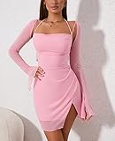 HTZMO Sexy Women's Halter Flounce Sleeves Ruched Mini Dress Sheer Mesh Side Split Cute Party Short Dresses Pink XS