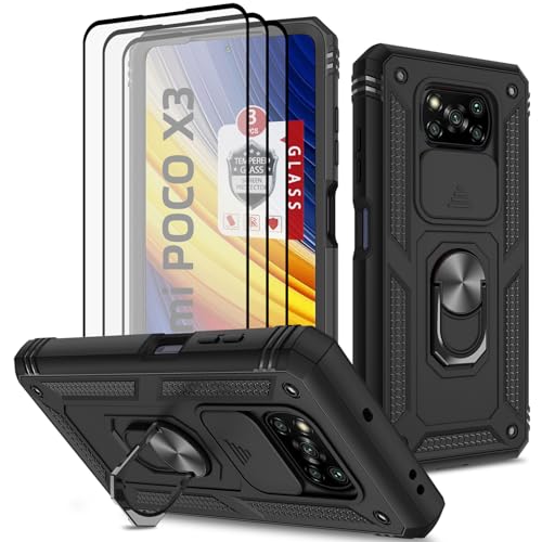 ANOUKE for Redmi Poco X3 Pro Case, with 3 Pcs Tempered Glass Screen Protector Built in Ring Stand Kickstand + Camera Cover, Hard PC Soft TPU Defender Full Body Armor Case - Black