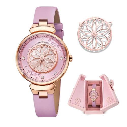Women Watches Cherry Blossom Women's Watch 3 Genuine Diamonds Pink Mother of Pearl Dial Ladies Watch with Leather Strap Sakura Petal Hand BLACK BY BLUE BRAVE Cherry Blossom Watches for Women Sapphire Crystal Glass for Durability and Clarity