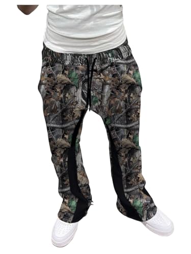 GORGLITTER Men's Camo Sweatpants Drawstring Waist Patchwork Stacked Flared Joggers Camo Large