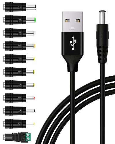 USB to DC 5V Power Cable, DC 5.5x2.1mm Plugs Charging Cord with 11 Interchangeable Jack Connectors Charger Adapters for Lightsaber, Moon Lamp, Speaker, Router, Mini fan and More 5Volt 3Amp Electronics