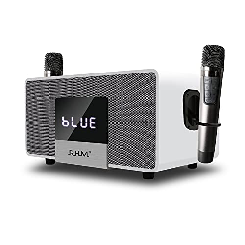 RHM K222 Karaoke Machine, Bluetooth Speaker with 2 UHF Wireless Microphones, 5 Music Modes, Support Optical, Bluetooth, AUX, USB, PC, Wooden Party Speaker for TV, Home Party, Karaoke, Meeting