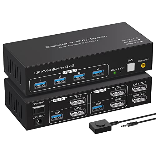 ATLAHET Displayport KVM Switch 2 Monitors 2 Computers 8K 60Hz 4K 120Hz Dual Monitor USB 3.0 KVM Switches for 4 USB Devices, Wired Extension Button,12V DC Adapter and USB3.0 Cables