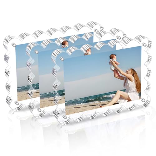 Chivalral 3 Pack Acrylic Picture Frame: 4x6inch Magnetic Picture Frames, Double Sided Magnet Frames,10+10mm Thick Block, Clear Photo Scalloped Frames Freestanding for Desktop Display