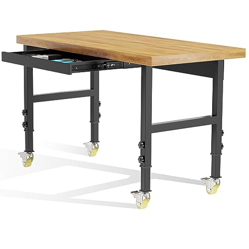 48” Heavy-Duty Solid Wood Work Bench Work Table with Wheels, Adjustable Height Portable Workbench with Power Outlets, 3000 Lbs Capacity Workstation for Garage, Workshop, Office