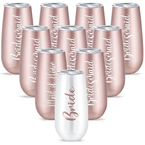 Amyhill Bridesmaid Wine Tumblers, Bride Champagne Flute Maid of Honor Bride Mugs, 6 oz Stainless Steel Bridesmaid Proposal Gifts for Engagement Wedding Bachelorette Party Supplies (Set of 10)