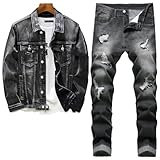 Men's Casual Loose Denim Jacket and Ripped Pants Simple Black Jacket and Jeans Two-Piece Set