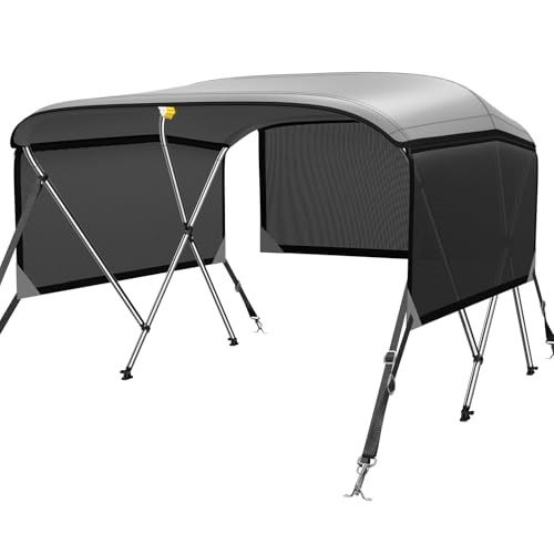 KAKIT 3 4 Bow Bimini Tops for Boats with 3 Mesh Sidewalls Rear Support Poles Boat Canopy Includes Straps Storage Boot, Dark Gray