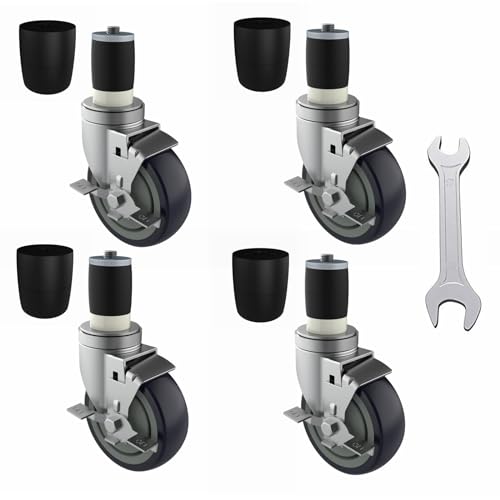 OK5STAR 4 inch Prep Table Casters Set of 4 for Commercial Kitchen Prep Tables, Expanding Stem Caster Wheels for Table Legs All with Brake Fit 1-1/2" and 1-5/8" Inner Diameter Leg Tube Adapter Caster