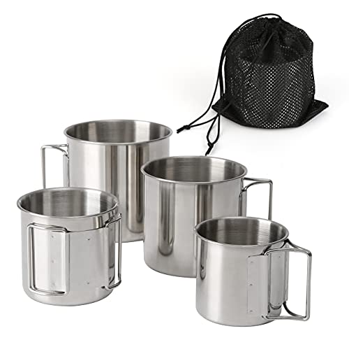Wulisan Stackable Camping Mug Stainless Steel Portable Cups with Folding Handle & Mesh Bag for Touring Trips Outdoor Camping Campfire Hiking Picnic 4 Piece Set 7.44oz, 11.16oz, 16.9oz, 22.3oz
