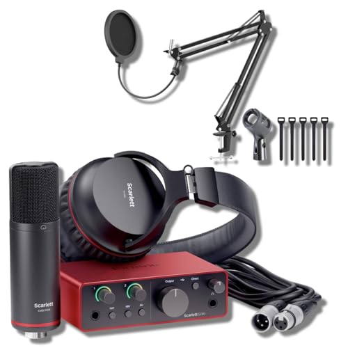 Focusrite Scarlett Solo Studio 4th Gen USB Audio Interface Bundle with StreamEye Boom Arm Mic Stand Desktop Mount, Detachable Clip, Professional Grade XLR Cable, Microphone Pop Filter and Cable Ties