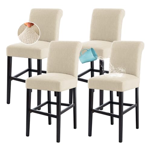 H.VERSAILTEX 100% Waterproof Bar Stool Covers Rectangular Pub Counter Stool Chair Covers Washable Counter Height Stool Seat Covers Jacquard Crizzle Pattern Removable High Chair Cover Set of 4, Ivory