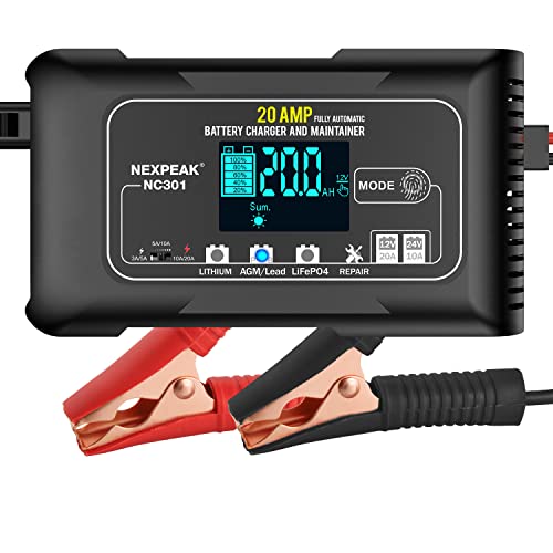 NEXPEAK NC301 20-Amp Car Battery Charger, 12V and 24V Smart Fully Automatic LiFePO4 Battery Charger Maintainer Trickle Charger w/Temp Compensation for Car Truck Boat Lead Acid Lithium Batteries