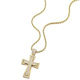 COOLSTEELANDBEYOND Mens Women Large Steel Cross Pendant Gold Color Necklace with Cubic Zirconia, 30 inches Wheat Chain