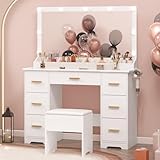 METOTI Vanity with Mirror and Lights, Makeup Vanity Desk with 7 Storage Drawers and Power Outlet, Vanity Set with Large Mirror, 9 LED Lights and Chair, Vanity Table for Bedroom, Dressing Room, White