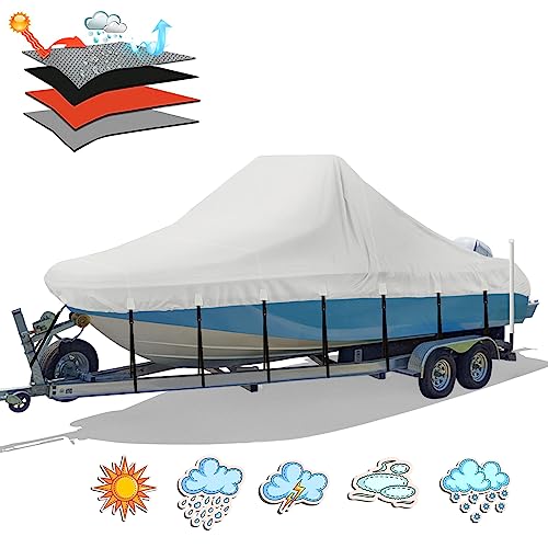 Solim Center Console Boat Cover, 17'-19' Waterproof 1300D PU Heavy Duty Trailerable Cover for Center Console Boat, Marine Grade Oxford UV Resistant Polyester Canvas with 18 Tie Down Straps, Gray