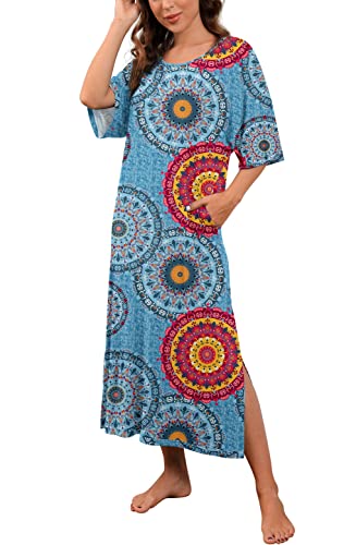 PrinStory Womens Long Nightgown Round Neck Nightshirts Short Sleeve Loose Loungewear Casual Sleep Dress With Pockets FP-Mix Blue-X-Large