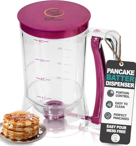 KPKitchen Pancake Batter Dispenser - Kitchen Must Have Tool for Perfect Pancakes, Cupcake, Waffle, Muffin Mix, Cake & Crepe - Easy Pour Baking Supplies for Griddle - Pancake Maker with Measuring Label