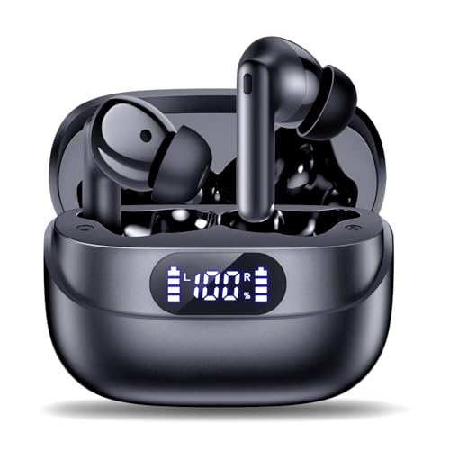 TUMJUN Wireless Earbuds, 42H Playtime Bluetooth 5.3 Headphones, HiFi Stereo Call Noise Cancelling Earbuds, IPX7 Waterproof Stereo in-Ear Earphones with LED Display for iOS Android (Black)