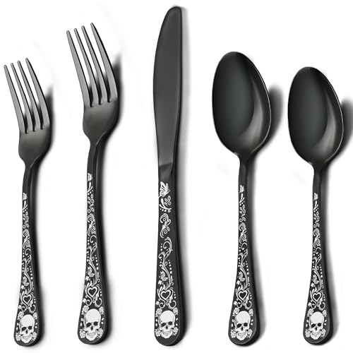 MUJINON Skull Black Silverware Set for 8, 40-Piece Black Flatware Set, Gothic Skeleton Cutlery for Decoration, Halloween, Christmas, Party, Gift, Housewarming