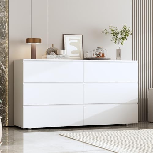 FAMAPY Chest of Drawers Dresser No Handles, 6 Drawer Dresser with Wide Storage, Modern Contemporary 6-Drawer Chest, for Bedroom White (59”W x 15.7”D x 32.3”H)