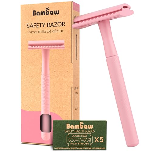 Bambaw Double Edge Safety Razor for Women with 5 Safety Razor Blades, Single Blade Razor for Women, Plastic Free Eco Razor, Reusable Razors for Women - Pink