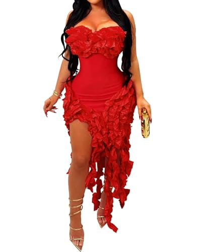 Women's Sexy Ruffle Bodycon Club Dress Sexy Backless Cocktail Party Dress New Year Long Dress Outfits Red M