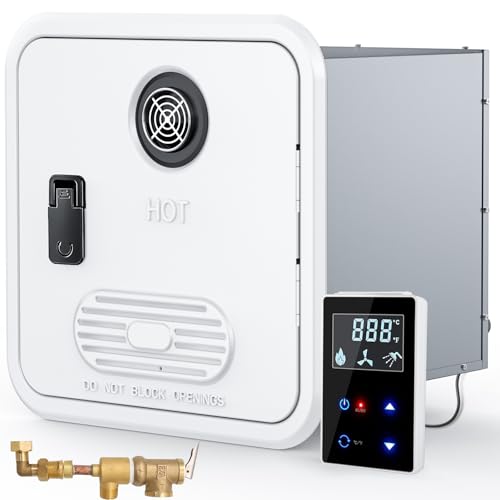 RV Tankless Water Heater, High Altitude Available, with White Door and Controller, DC 12V, On Demand Instant Hot Water Heater, With RV Extra External Water Outlet, Push-To-Open Door