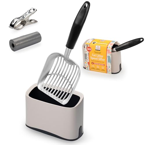Heavy Duty Full Metal Cat Litter Scoop with Holder - Speed Sifter Litter Box Scooper Captures All Clumps - Kitty Litter Sifting Shovel Comfy Handle - Cat Scooper Includes Litter Bags & Non-Slide Clip